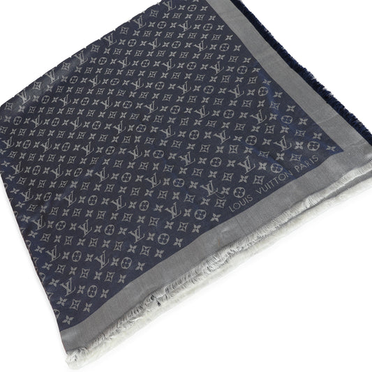 Louis Vuitton Blue Denim Silk Wool Monogram Shine Shawl