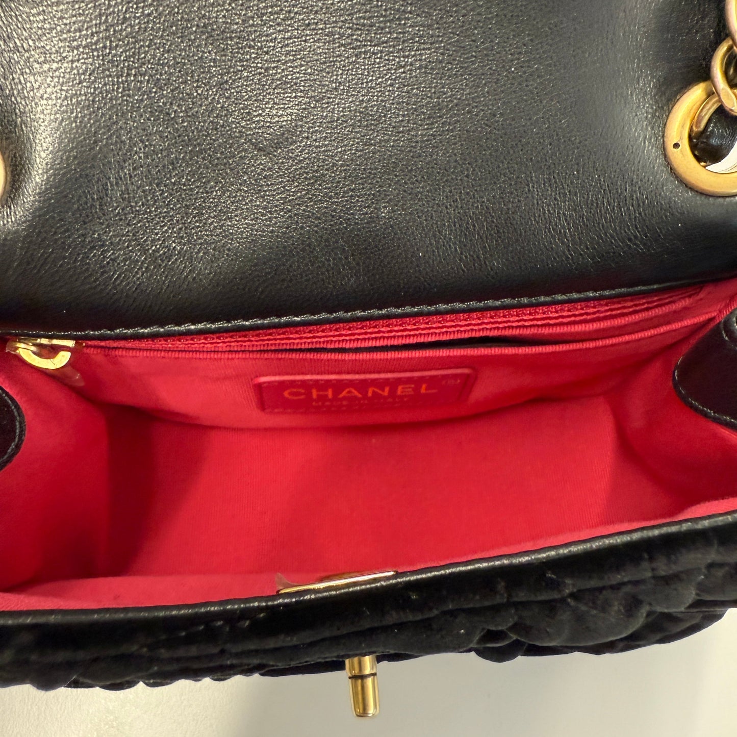 Chanel Black Camellia Embossed Velvet Mini Square Flap Bag