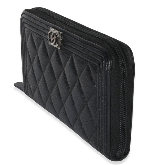 Chanel Black Quilted Caviar Zip Around Boy Long Wallet