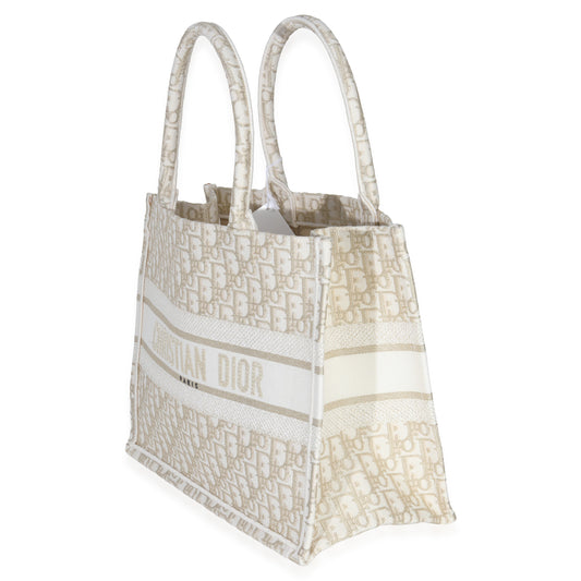 Dior White Gold Tone Oblique Embroidery Medium Book Tote