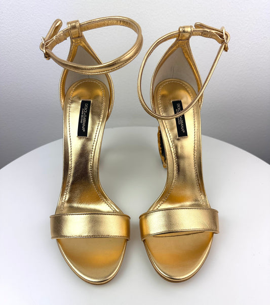 Dolce & Gabbana Gold Sandals with DG Baroque Heel