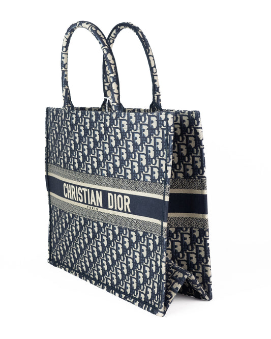 Dior Large Book Tote in Blue Dior Oblique Embroidery