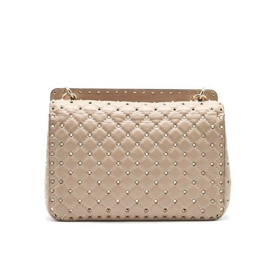 VALENTINO GARAVANI LARGE ROCKSTUD SPIKE SHOULDER BAG BEIGE LGHW