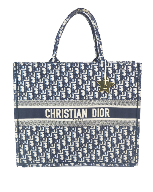 Dior Large Book Tote in Blue Dior Oblique Embroider
