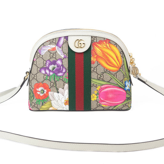 Gucci Ophidia Small Flora Dome Shoulder Bag in White
