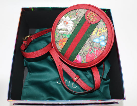 GUCCI OPHIDIA MINI ROUND GG FLORAL CHAIN-STRAP BACKPACK