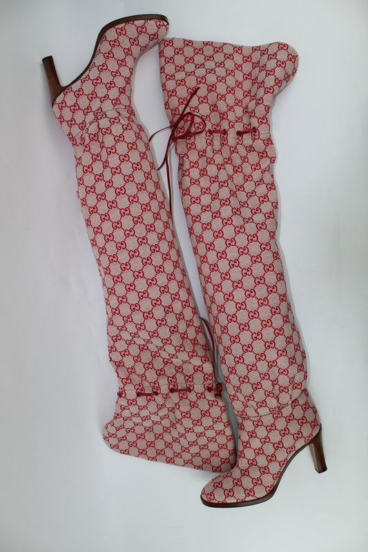 GUCCI MONOGRAM LISA LEATHER OVER THE KNEE BOOTS