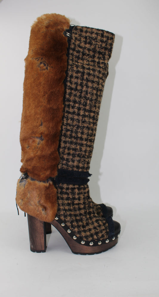 CHANEL FANTASY RABBIT FUR TWEED BOOTS