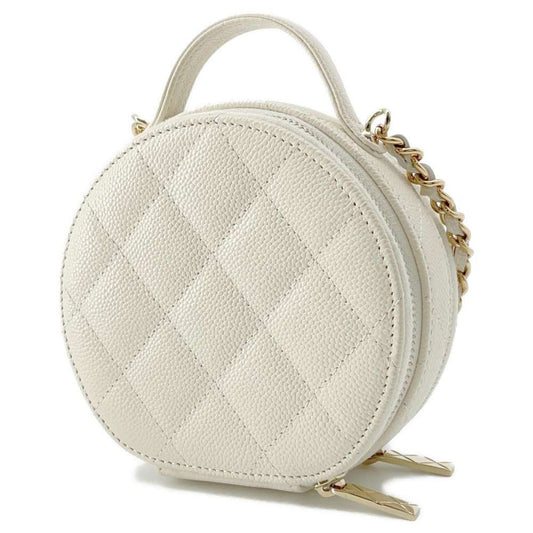 Chanel Caviar White Top Handle Small Round Vanity Case Gold Hardware,