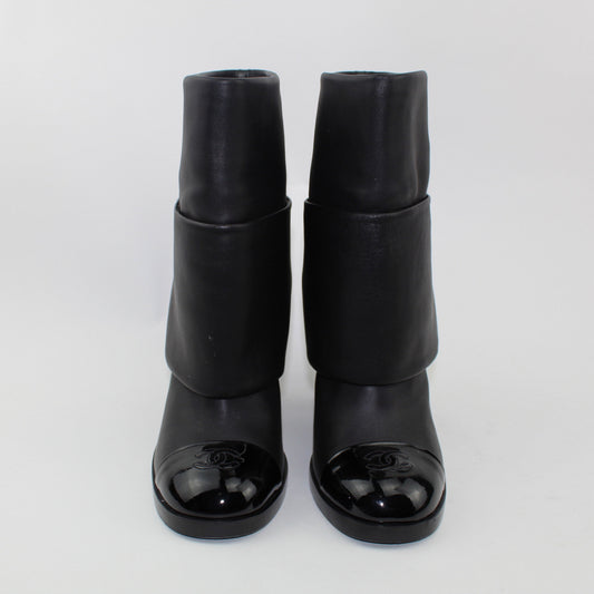 CHANEL CALF LEATHER PATENT CAP TOE FOLD OVER BOOTS