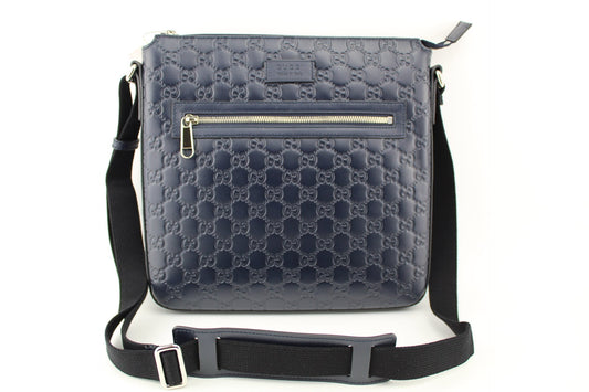 GUCCI SIGNATURE LEATHER MESSENGER NAVY