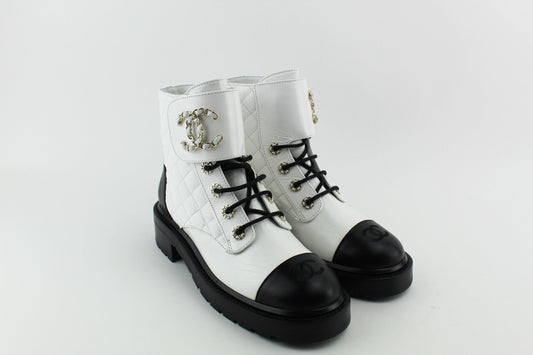 Chanel Women Lace Up Boots White and Black