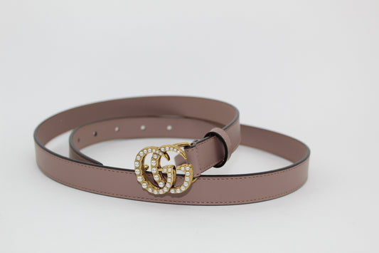 GUCCI LEATHER BELT WITH PEARL DOUBLE G BUCKLE 90/36