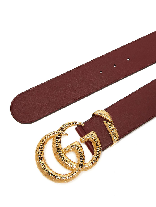 GUCCI GG SNAKESKIN EFFECT LOGO WIDE LEATHER BELT IN BURGUNDY