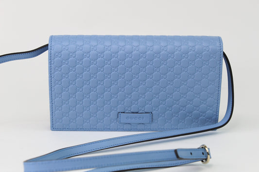 Gucci Leather Micro GG Crossbody Wallet Bag Blue