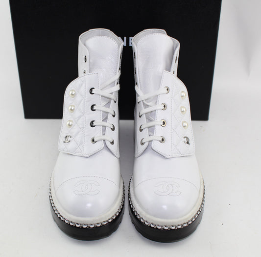 CHANEL CRACKLED CALFSKIN PEARL CHAIN CC BOOTS SIZE 40