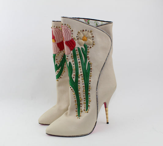 GUCCI FOSCA FLORAL-EMBROIDERED LEATHER BOOT SIZE 39