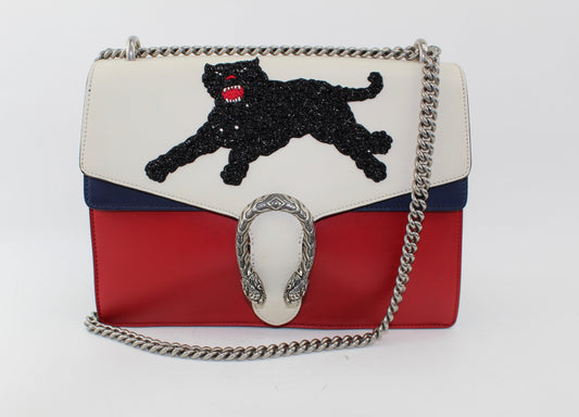 GUCCI CALFSKIN PANTHER EMBROIDERED MEDIUM DIONYSUS SHOULDER BAG