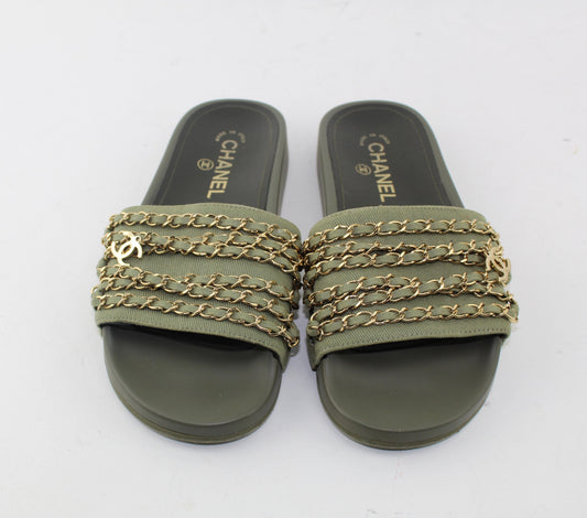 CHANEL CANVAS CHAIN FLAT SANDALS SIZE 38
