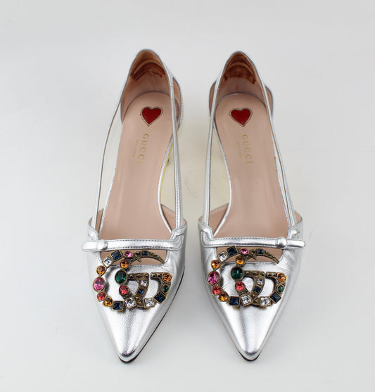 GUCCI METALLIC LEATHER PUMP WITH CRYSTAL DOUBLE G