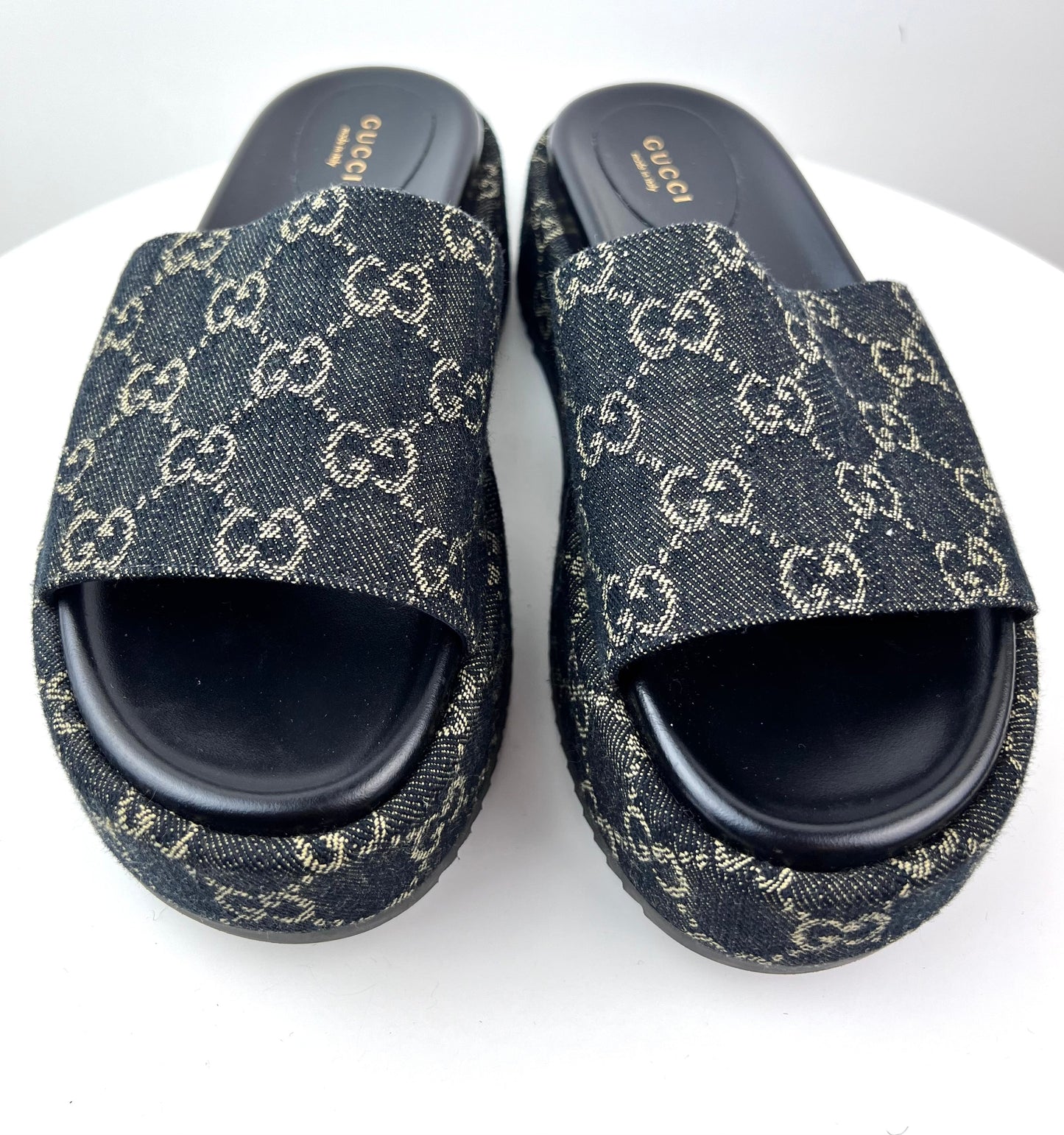 Gucci Platform Slide Sandal in Black and Ivory GG Denim