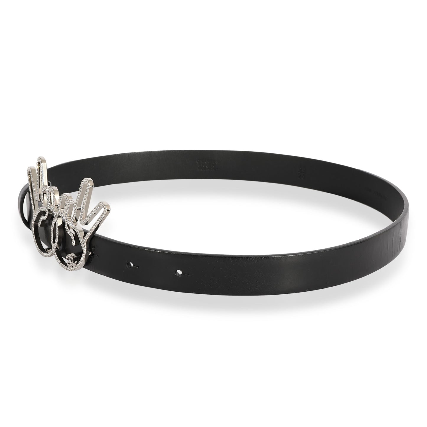 Chanel Black Calfskin Crystal Peace Sign Emoji Belt 65/26