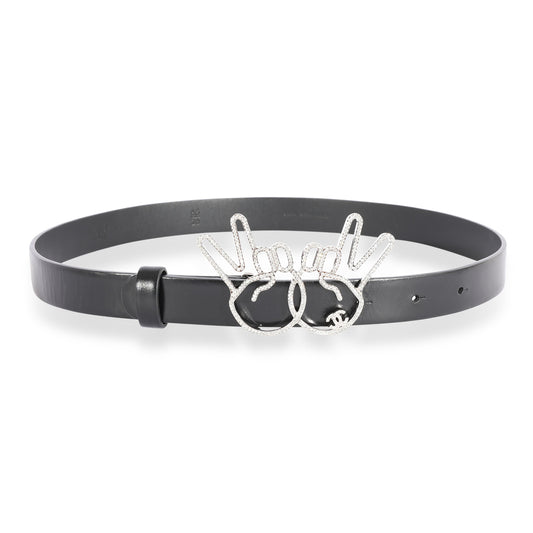 Chanel Black Calfskin Crystal Peace Sign Emoji Belt 65/26
