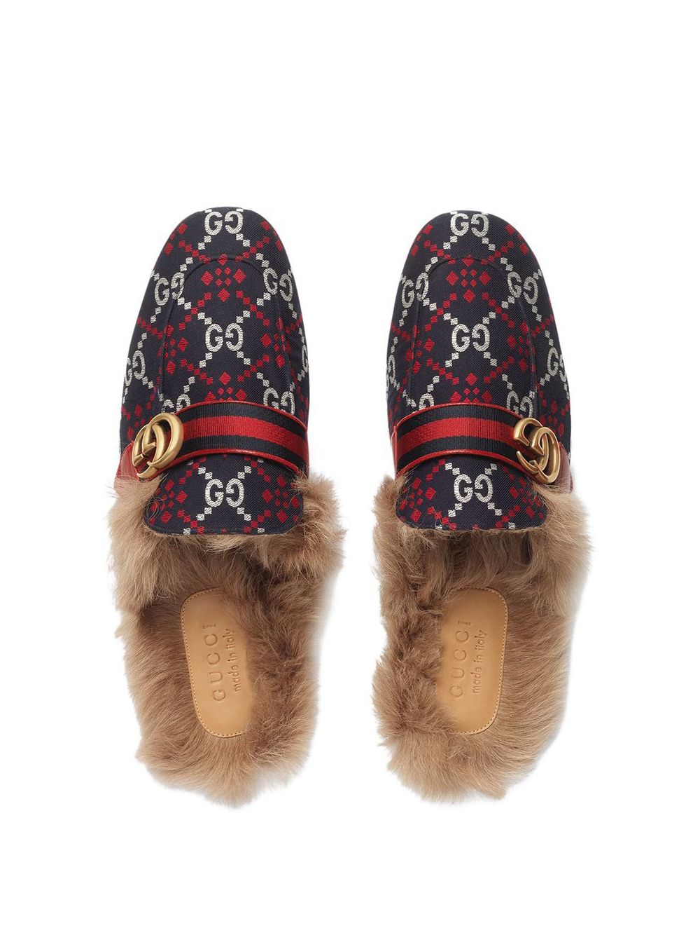 GUCCI NAVY & RED GG DIAMOND PRINCETOWN LOAFERS