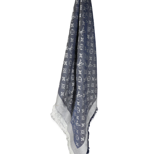 Louis Vuitton Blue Denim Silk Wool Monogram Shine Shawl
