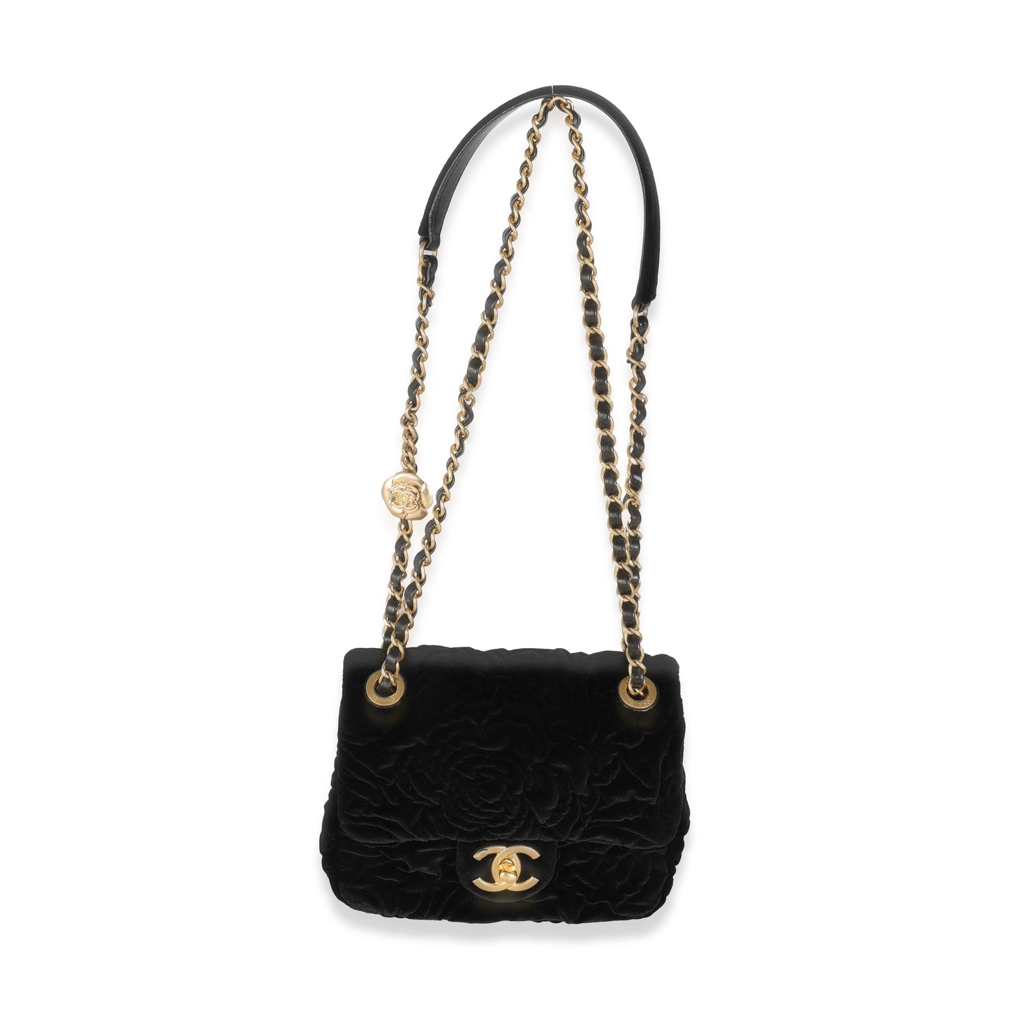 Chanel Black Camellia Embossed Velvet Mini Square Flap Bag