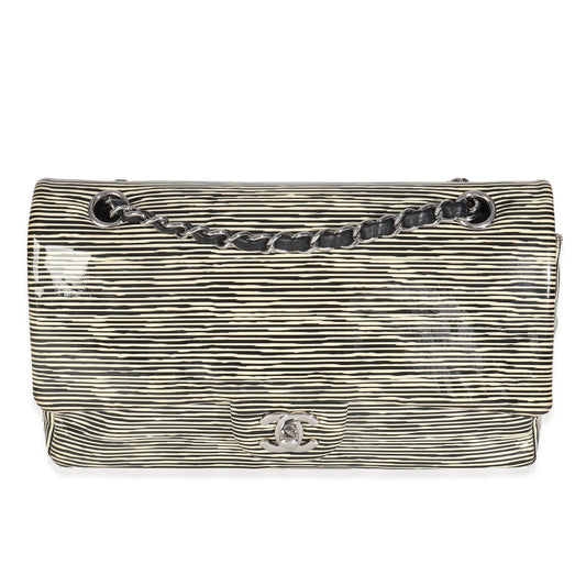Chanel Black White Striped Patent Medium Classic Double Flap Bag