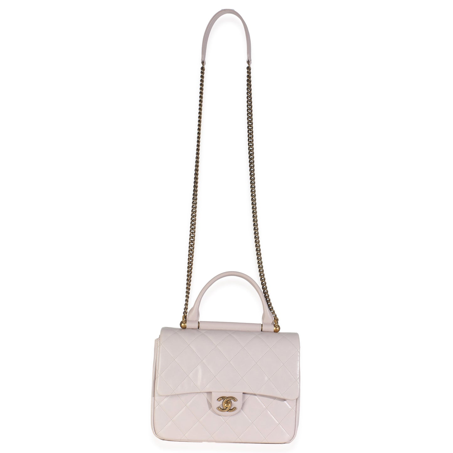 Chanel Light Pink Quilted Glazed Calfskin Medium Gold Bar Top Handle Flap Bag
