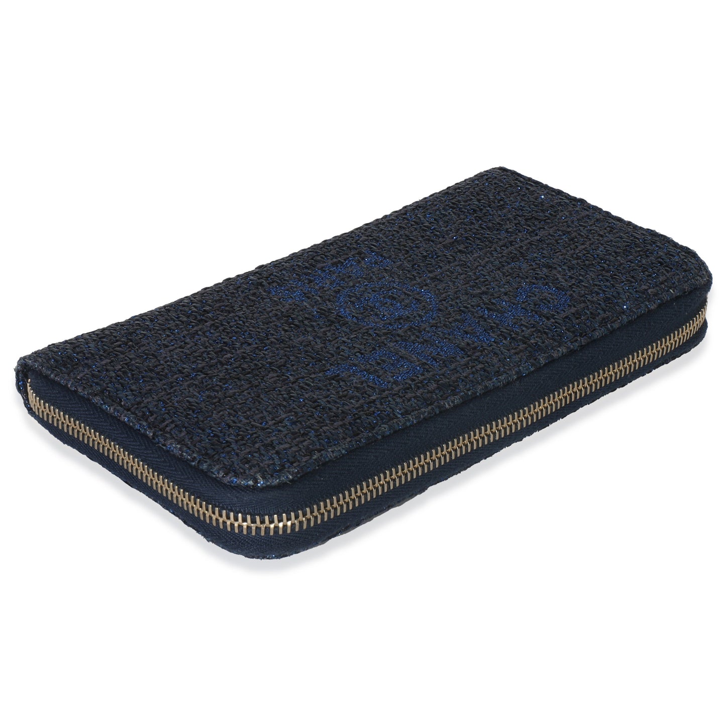 Chanel Blue Metallic Lurex Canvas Deauville Zip Around Wallet