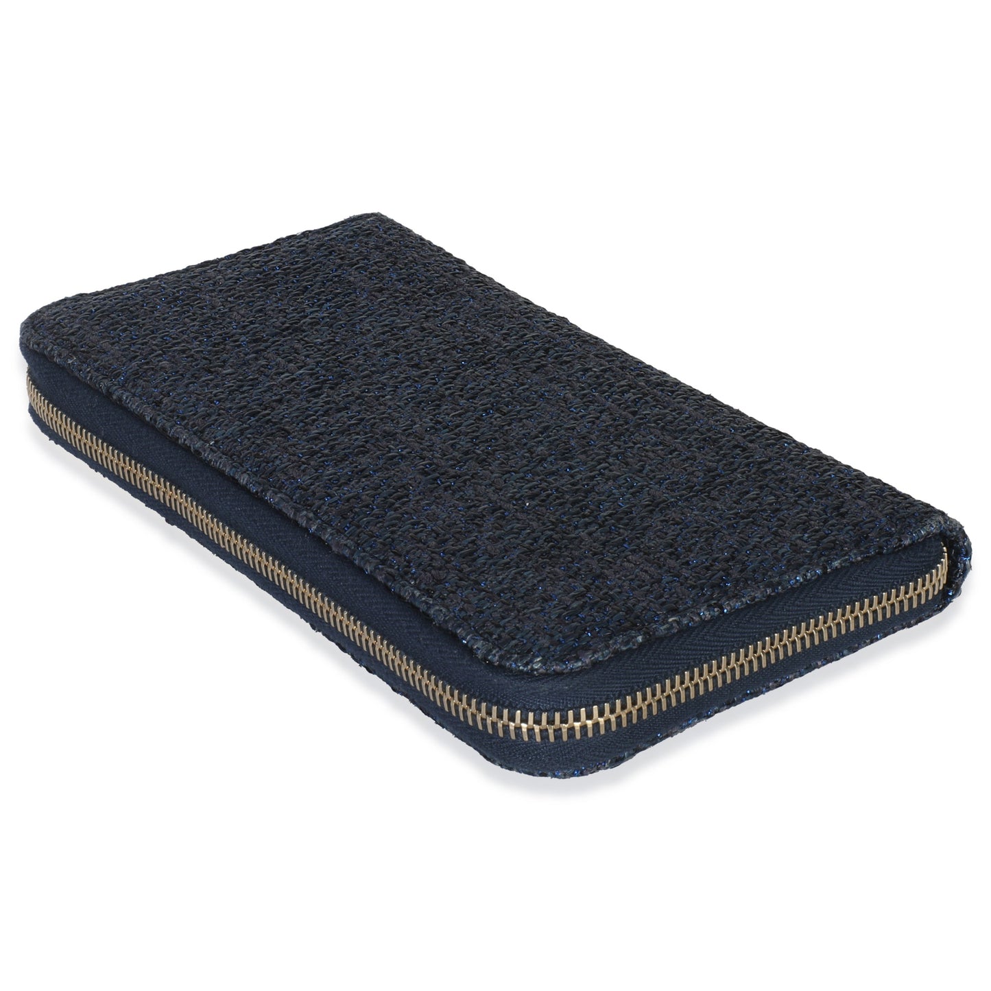 Chanel Blue Metallic Lurex Canvas Deauville Zip Around Wallet