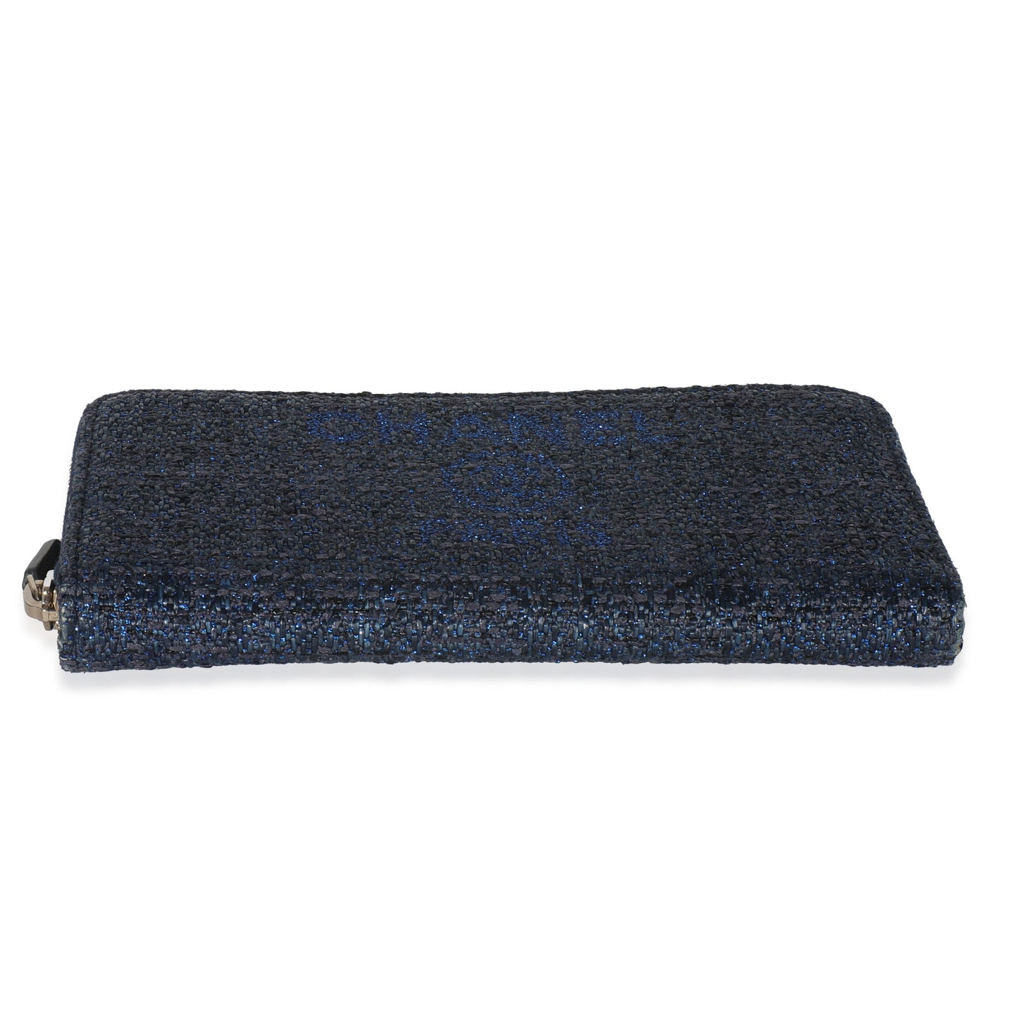 Chanel Blue Metallic Lurex Canvas Deauville Zip Around Wallet