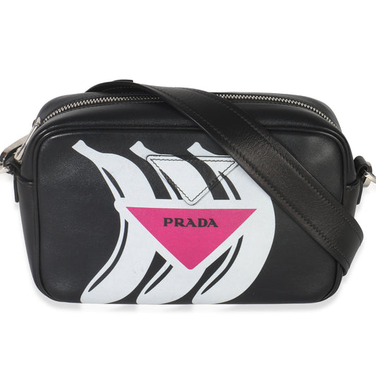 Prada Black Pink Calfskin Banana Logo Crossbody Bag