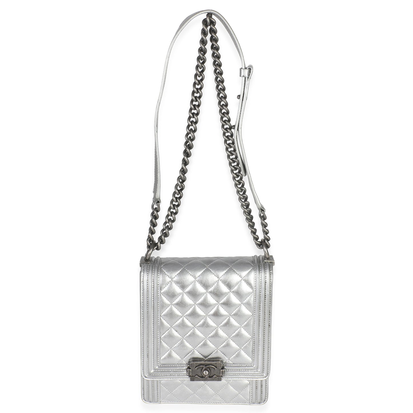 Chanel Silver Quilted Crinkled Goatskin North South Boy Bag