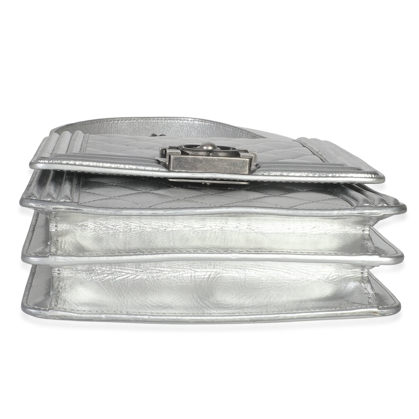 Chanel Silver Quilted Crinkled Goatskin North South Boy Bag