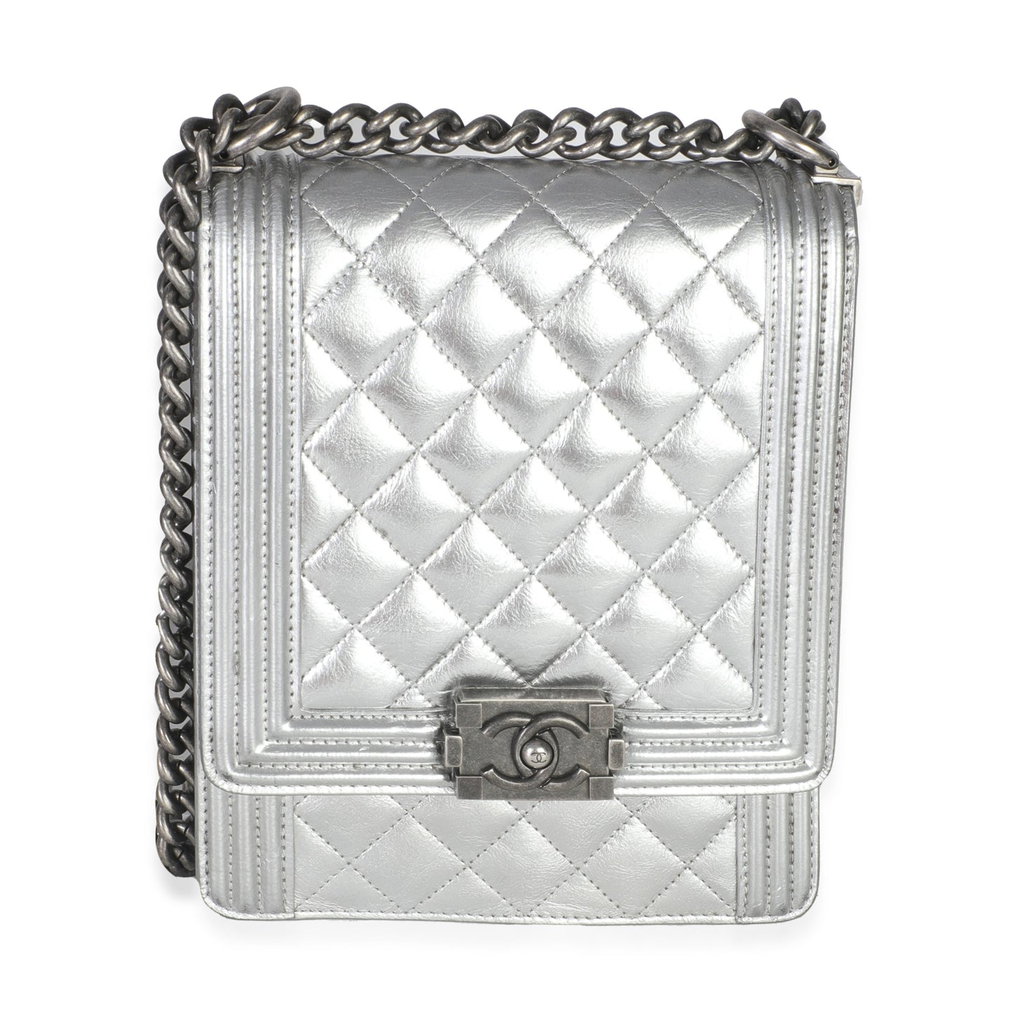 Chanel Silver Quilted Crinkled Goatskin North South Boy Bag