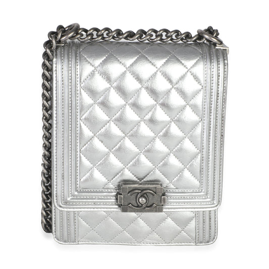 Chanel Silver Quilted Crinkled Goatskin North South Boy Bag