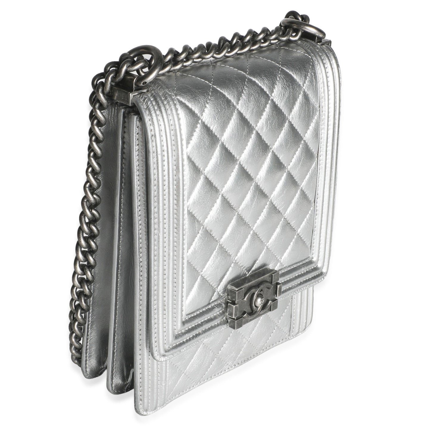 Chanel Silver Quilted Crinkled Goatskin North South Boy Bag