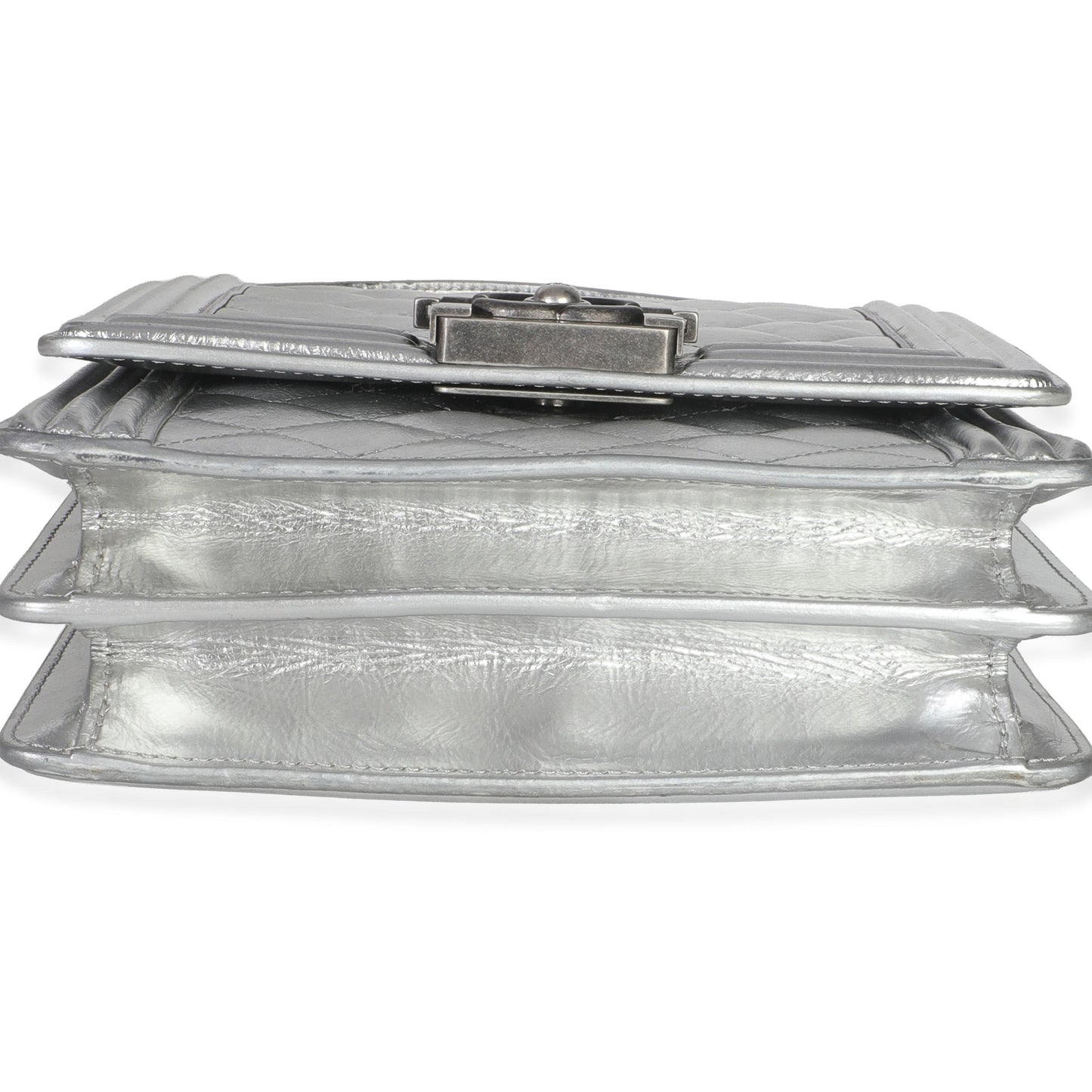 Chanel Silver Quilted Crinkled Goatskin North South Boy Bag
