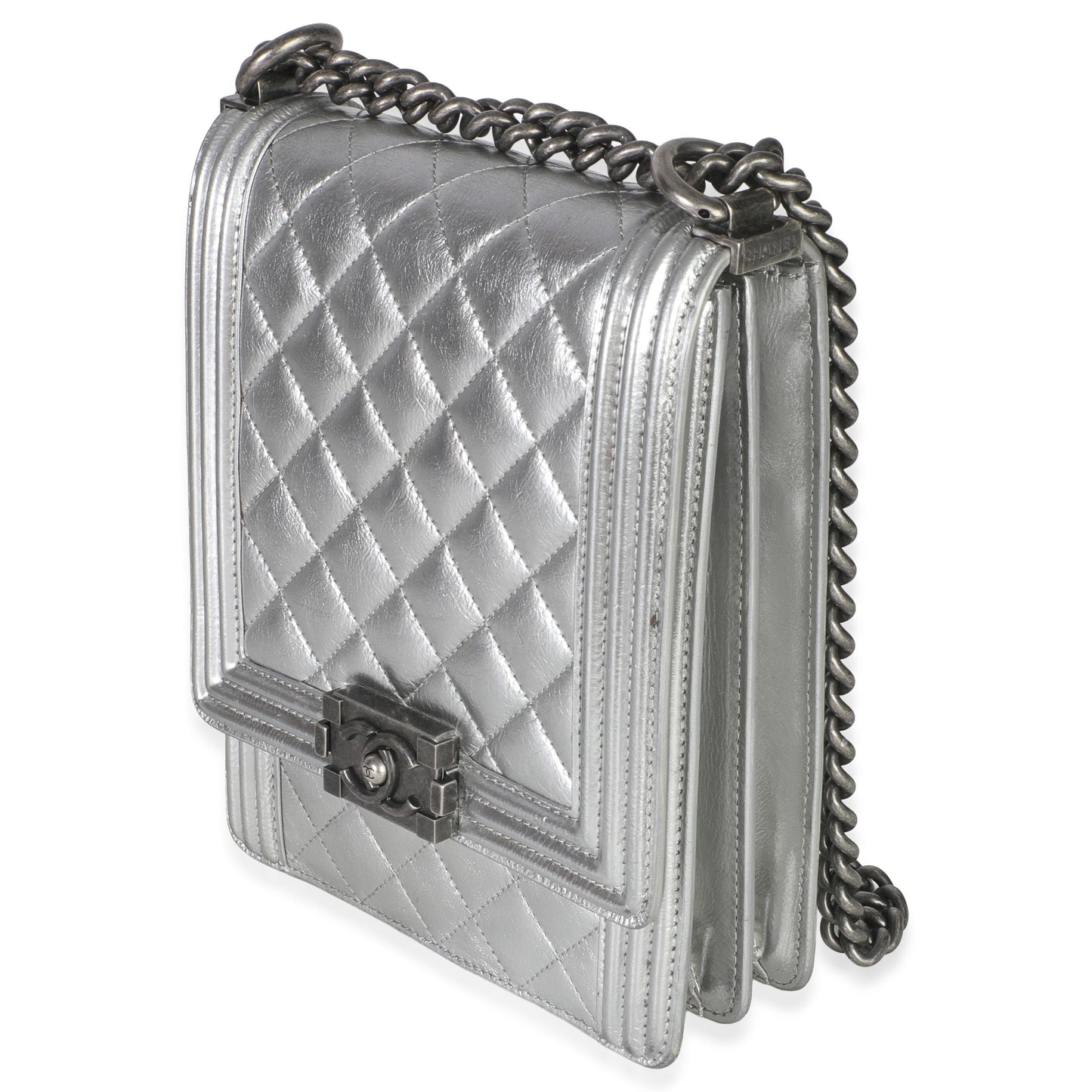 Chanel Silver Quilted Crinkled Goatskin North South Boy Bag