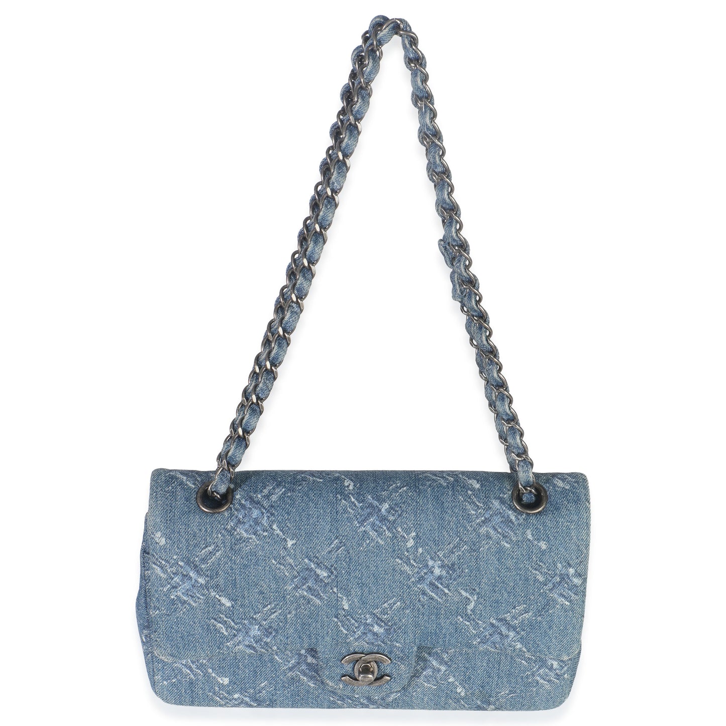 Chanel Blue Bleached Chain Printed Denim Medium Classic Double Flap Bag