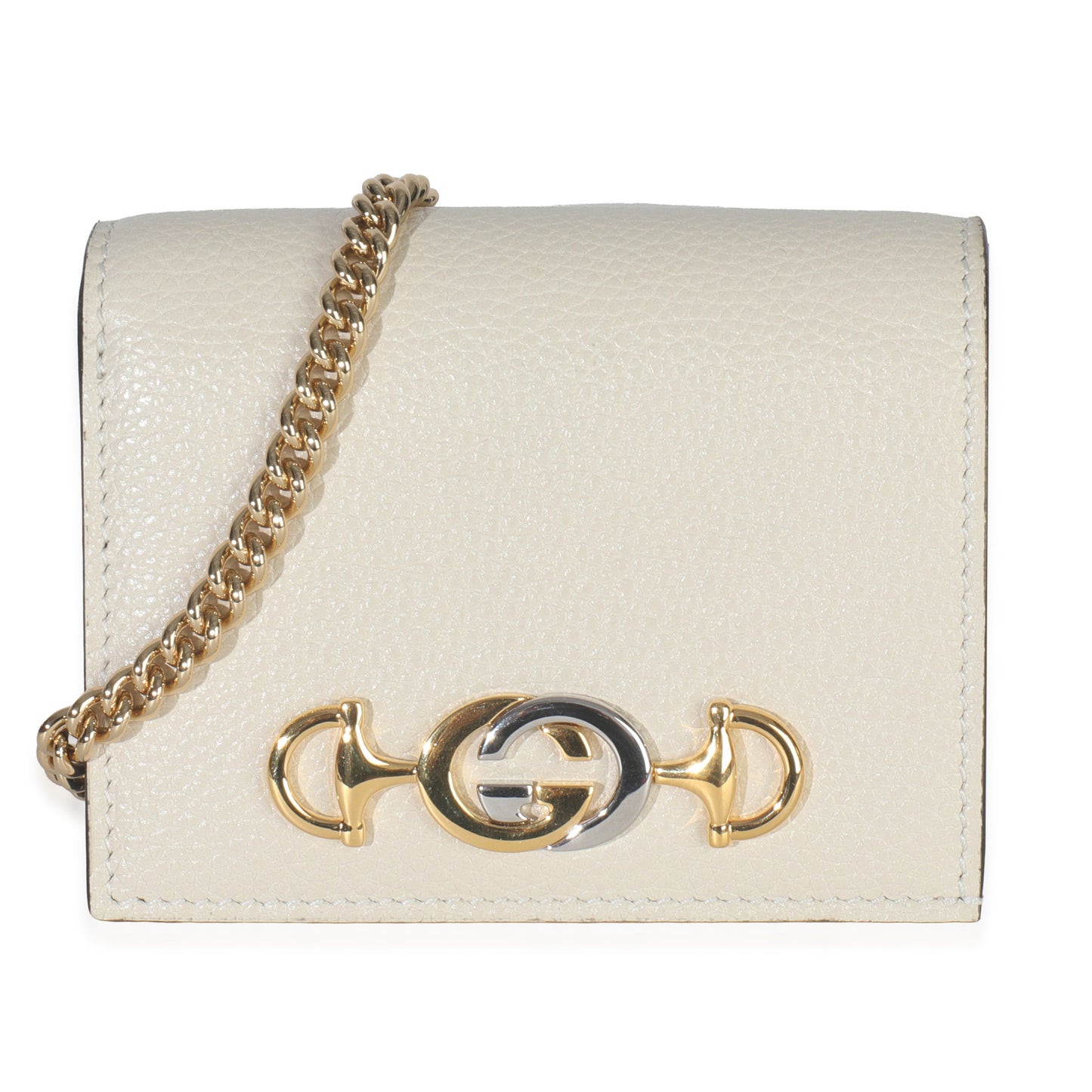 Gucci Vintage White Grainy Calfskin Zumi Chain Card Case Wallet