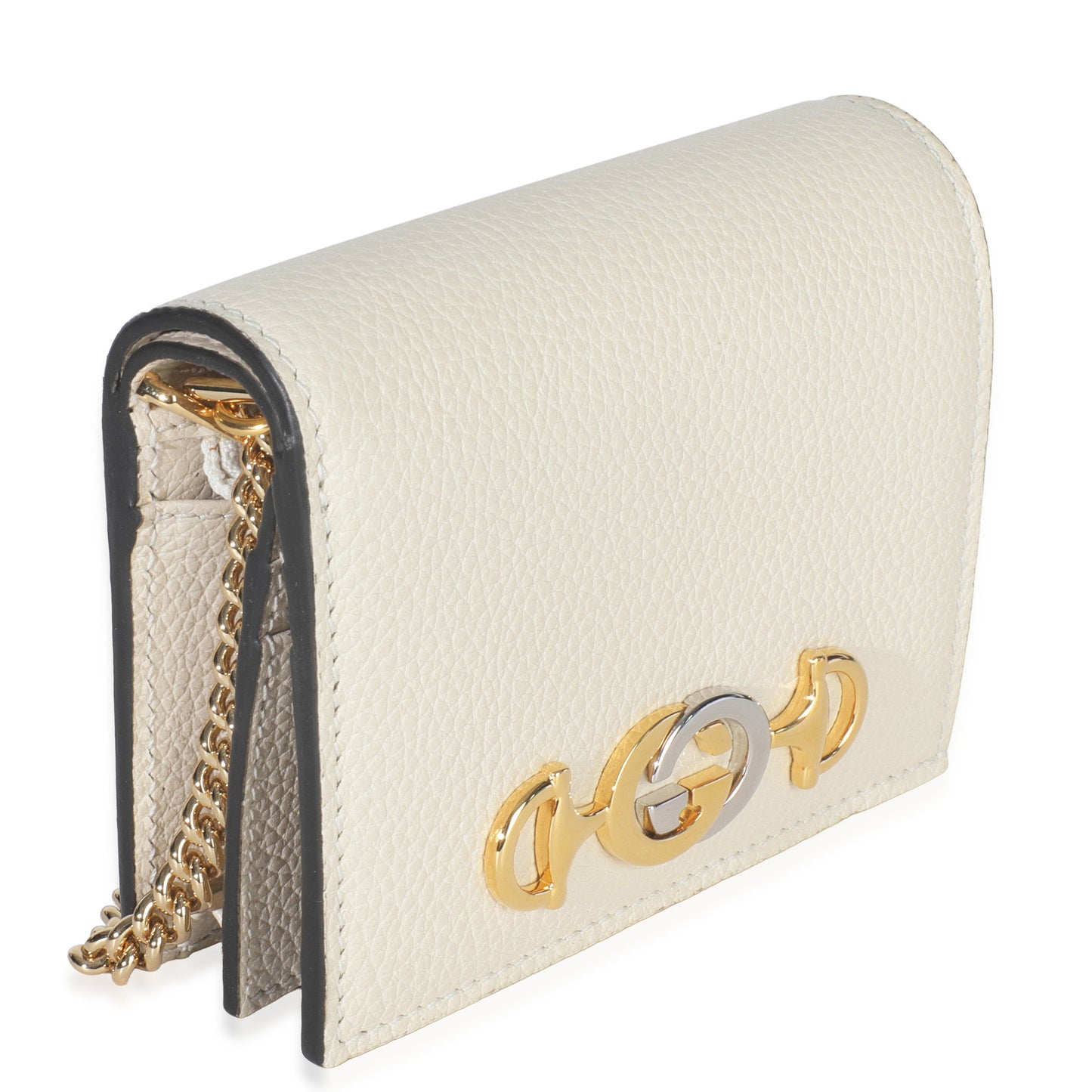 Gucci Vintage White Grainy Calfskin Zumi Chain Card Case Wallet