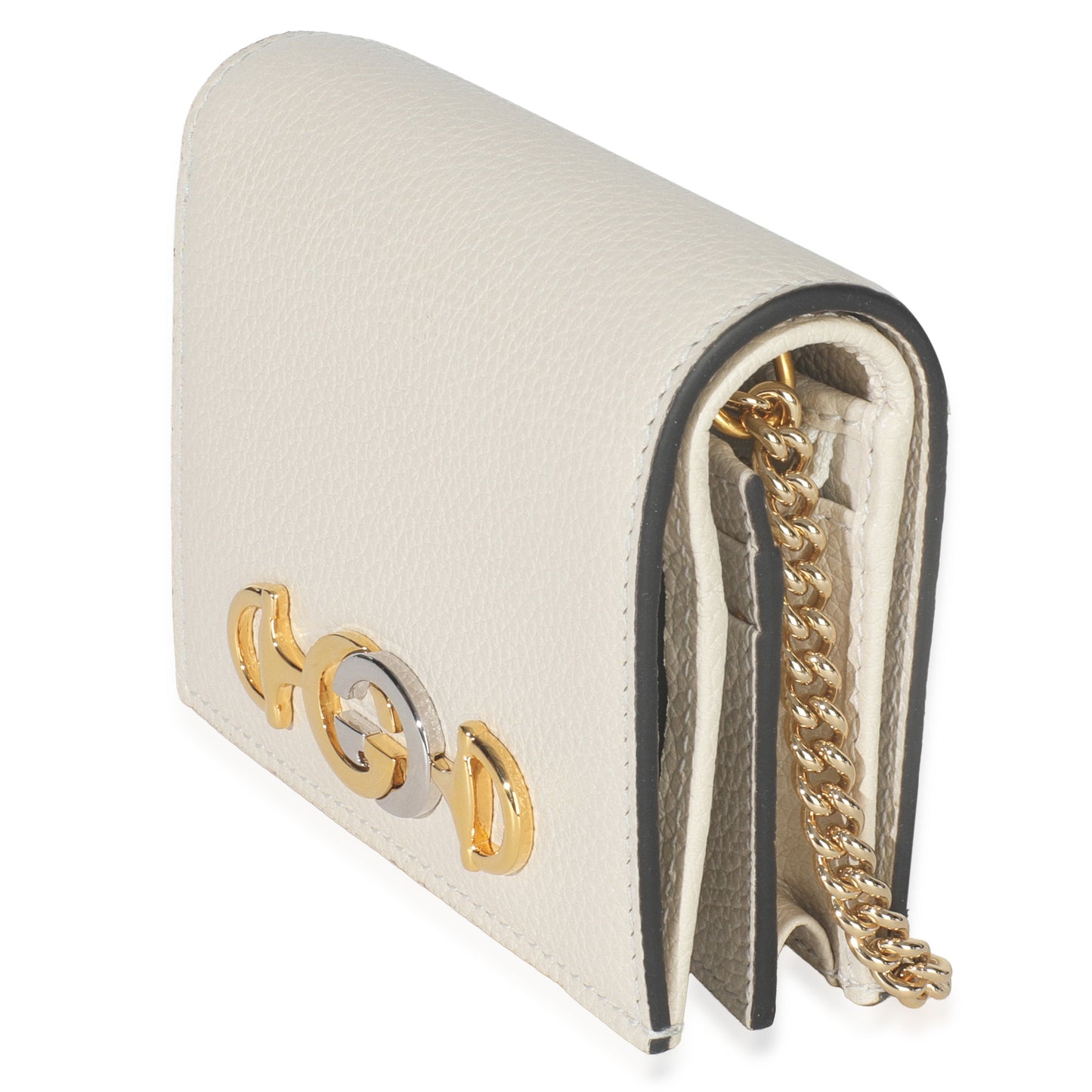 Gucci Vintage White Grainy Calfskin Zumi Chain Card Case Wallet