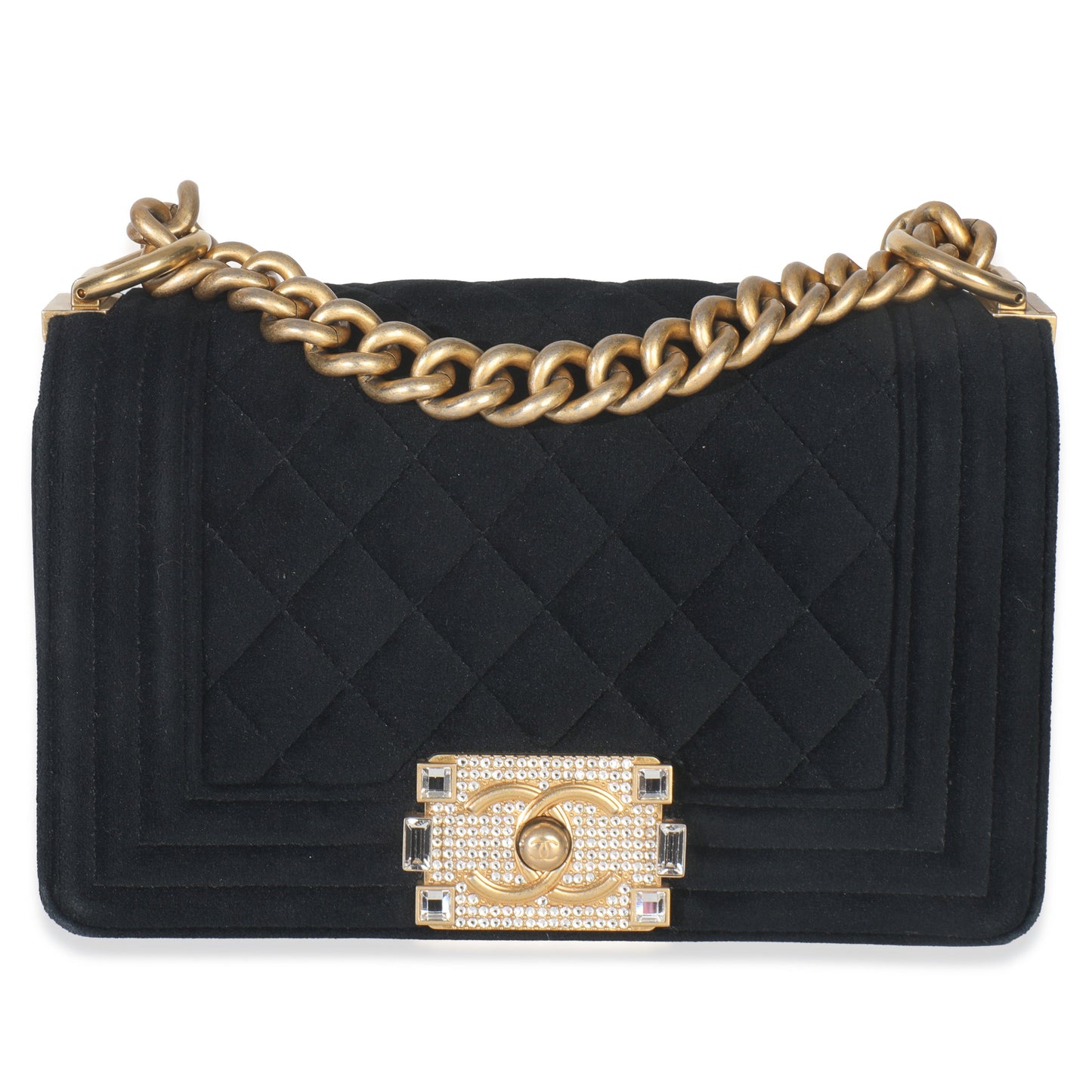 Chanel Black Quilted Velvet Strass Small Boy Bag