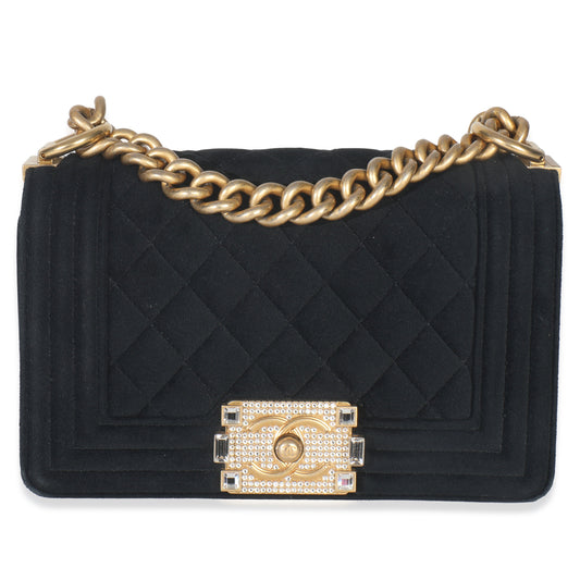 Chanel Black Quilted Velvet Strass Small Boy Bag