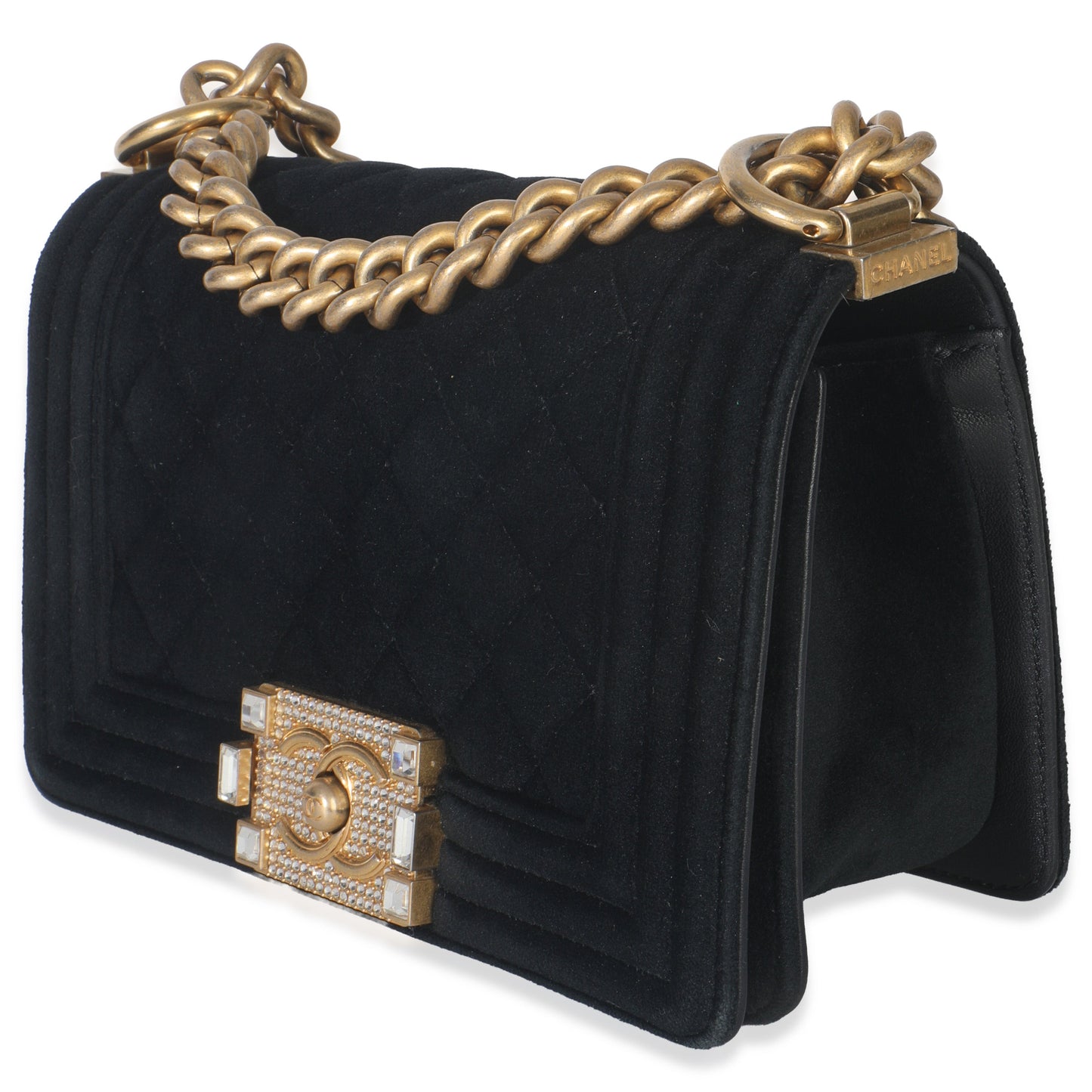 Chanel Black Quilted Velvet Strass Small Boy Bag